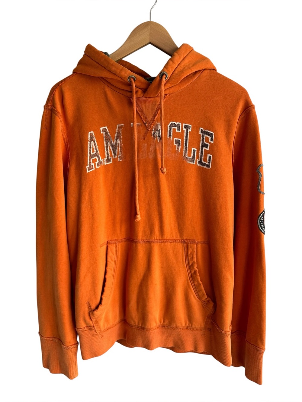Y2K Distressed American Eagle Sweatshirt Mens M Orange Faded Graphic Hoodie 2009